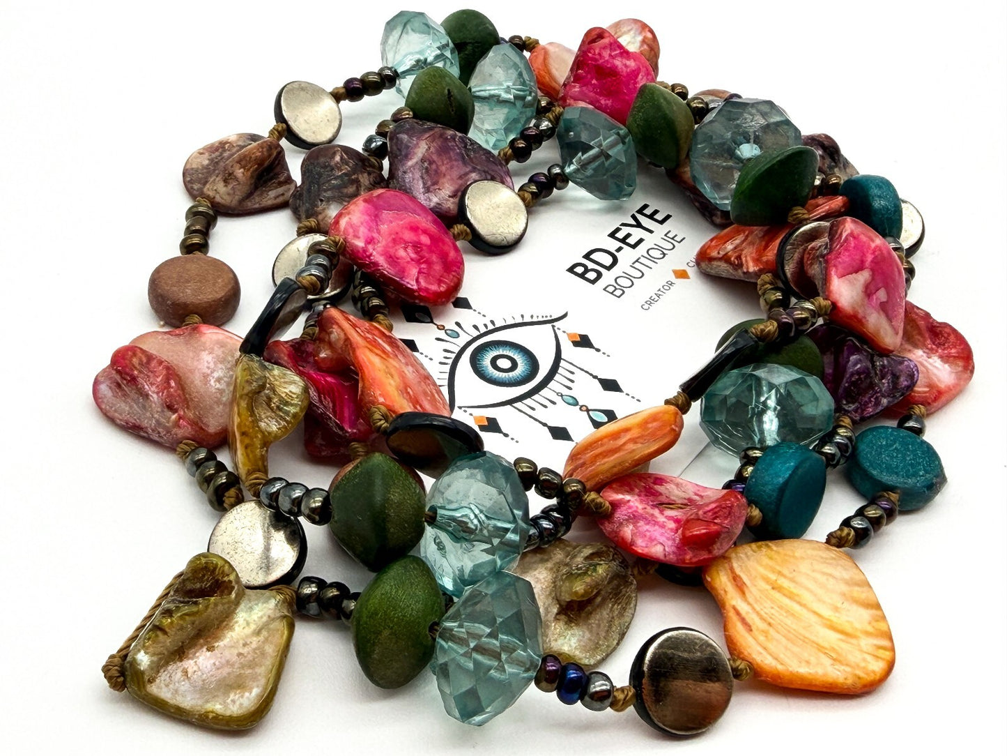 Boho Long Hand Knotted Shell Wood Acrylic Bead Statement Necklace Multicolour
