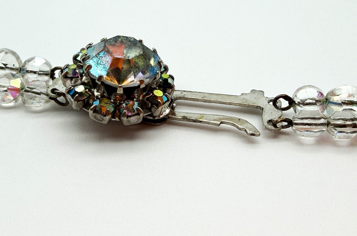 Vintage Aurora Borealis Crystal Glass Double Strand Necklace Rhinestone Clasp