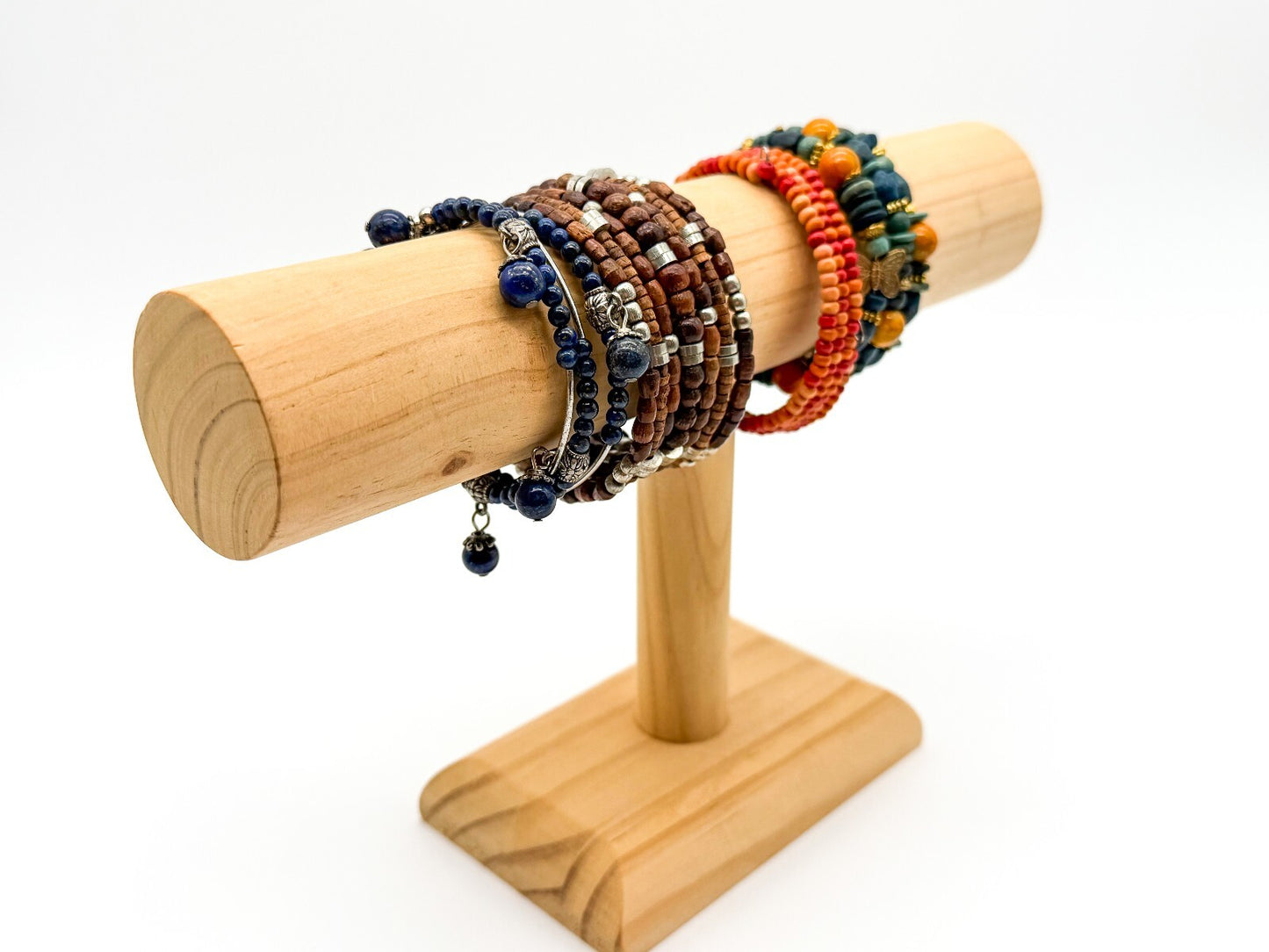 Boho Memory Wire Bracelet Bundle Set 4 Lapis Lazuli Wood Beaded Stack Bracelets