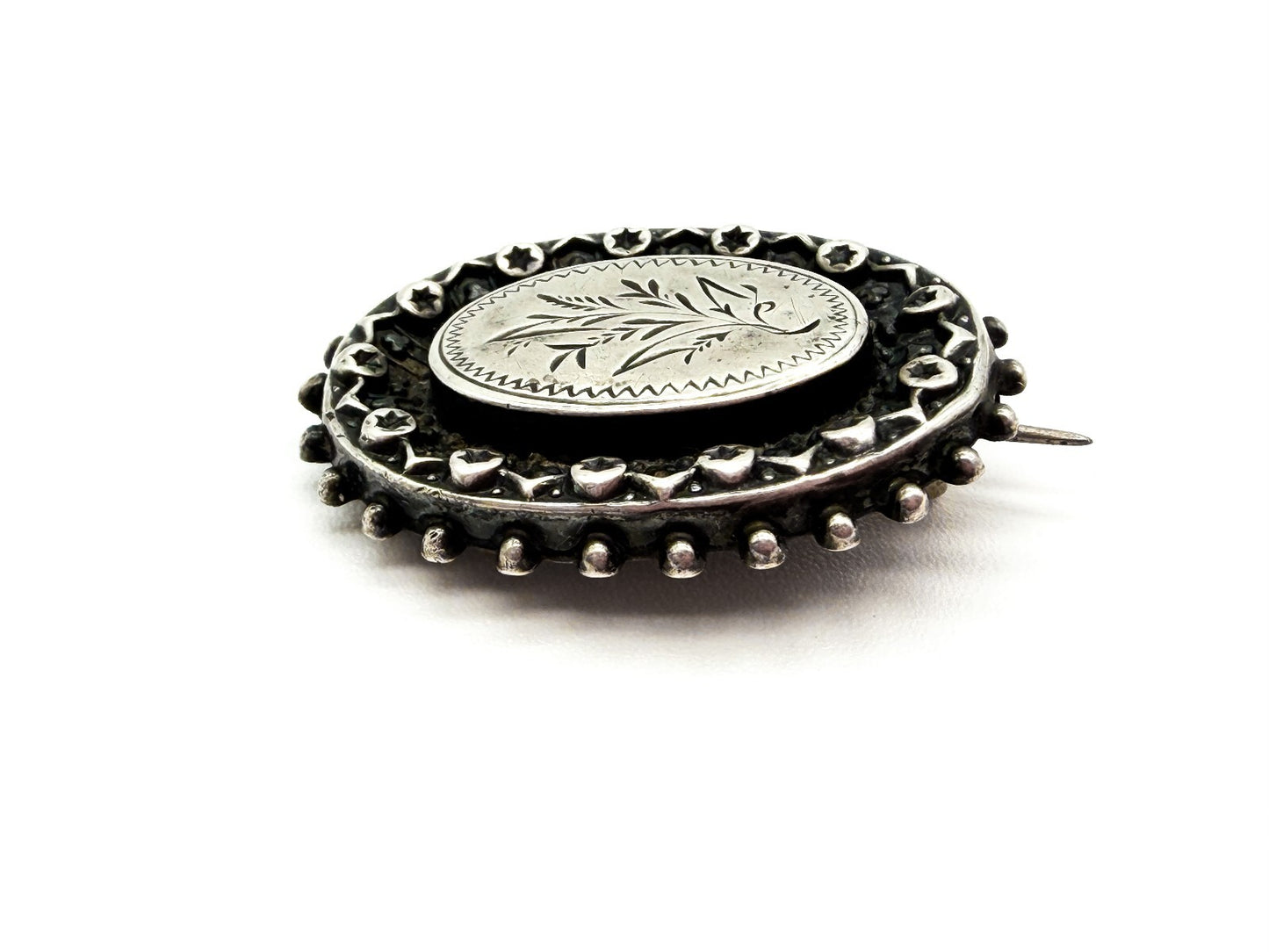 Antique Victorian Silver Tone Floral Engraved Oval Brooch Hinged Pin C Clasp