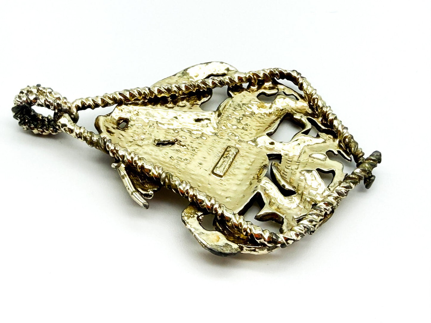 Vintage Jewelcraft St George and Dragon Pendant Gold Tone Signed 8.5cm Signed
