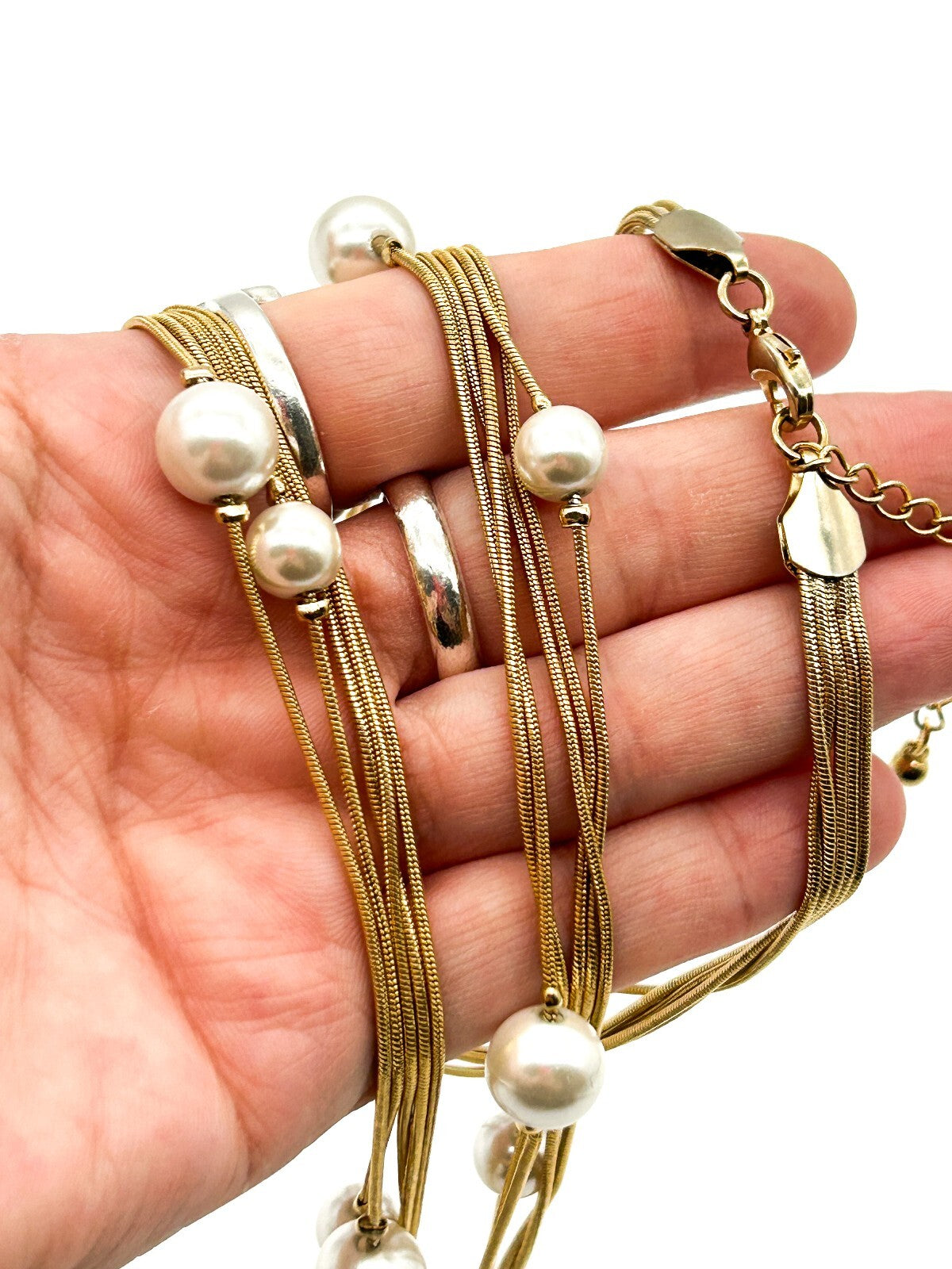 Vintage Gold Tone Multi Strand Snake Chain Necklace Faux Pearl Long Layered