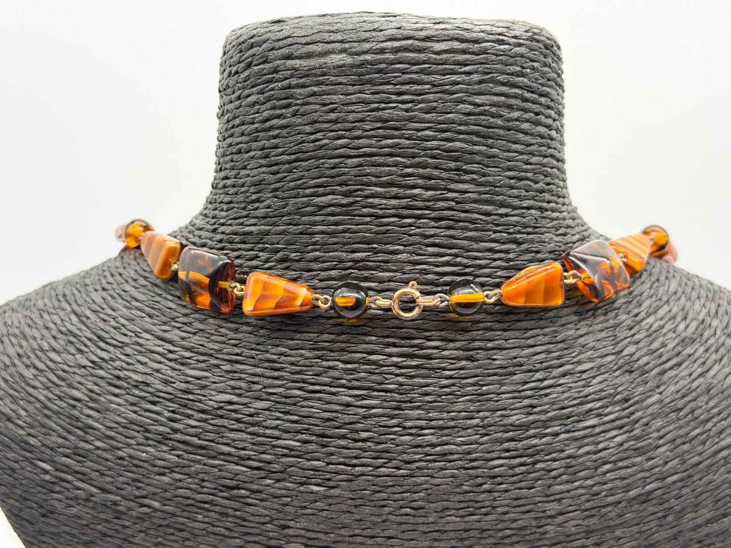 Vintage Amber Art Glass Necklace Givre Black Stripe Geometric Beads 24.5 Inch