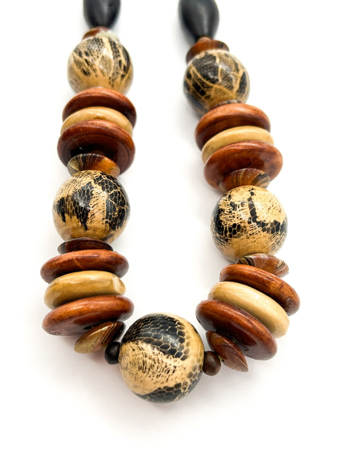 Vintage Chunky Wood Necklace Snakeskin Effect Beads Boho Statement 23”