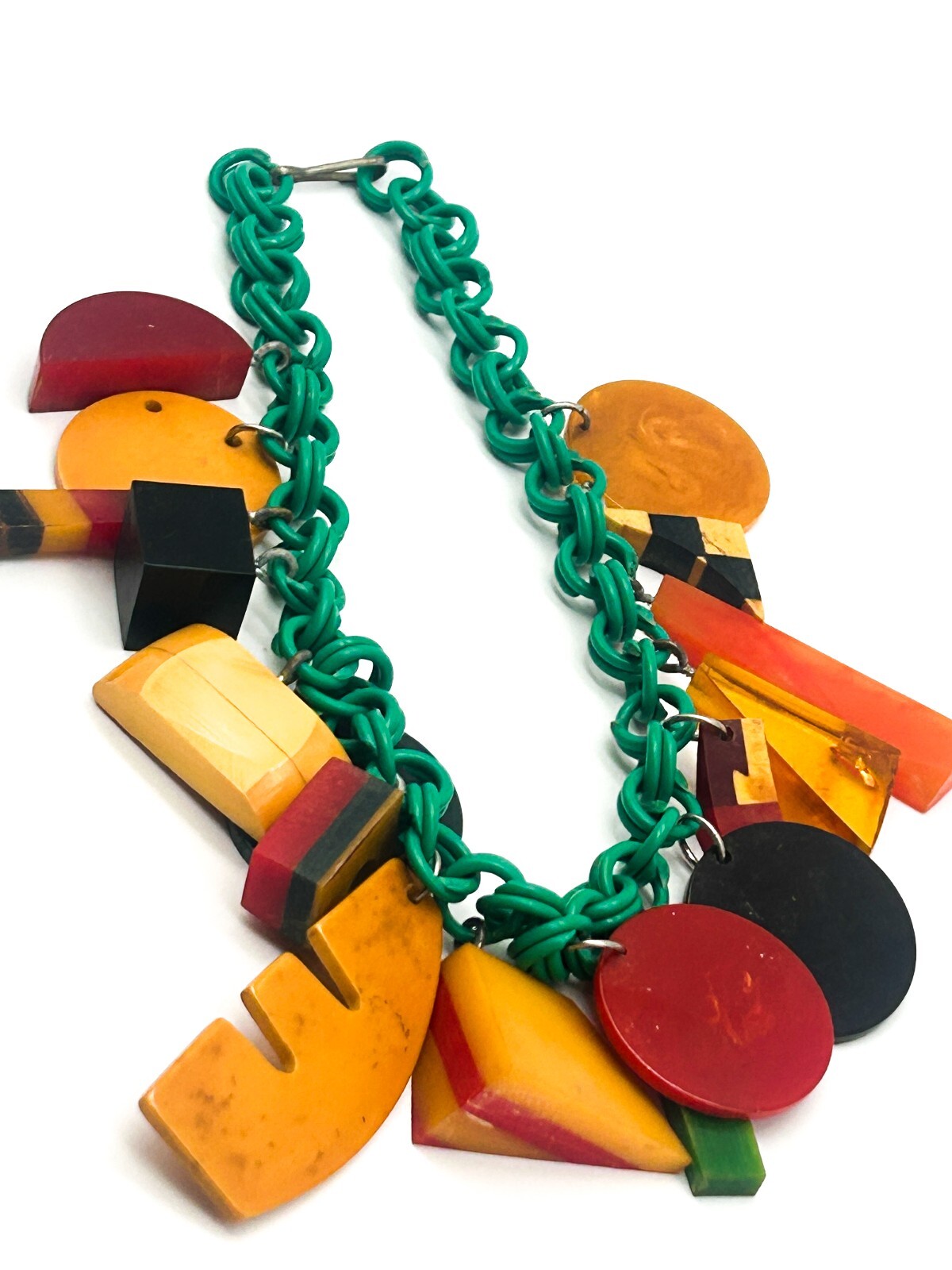 Vintage Bakelite Charm Necklace Attrib. Jan Carlin Celluloid Chain Statement