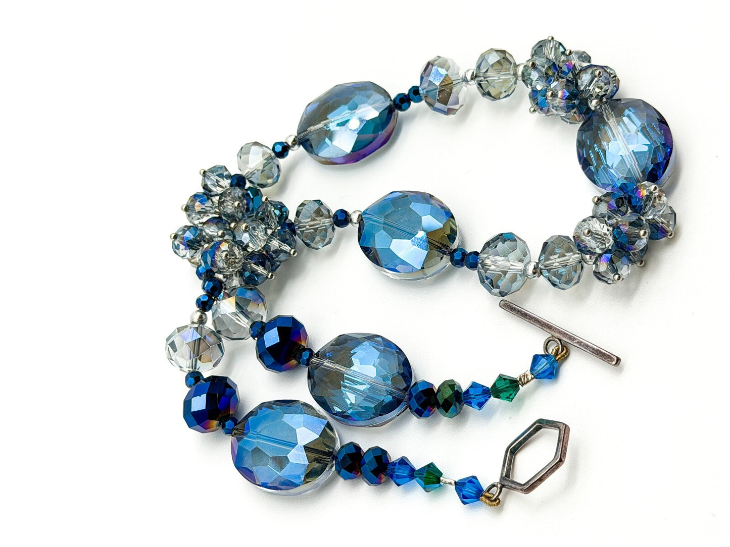 Midnight Blue Crystal Necklace AB Faceted Oval Beads Cha Cha Cluster Necklace