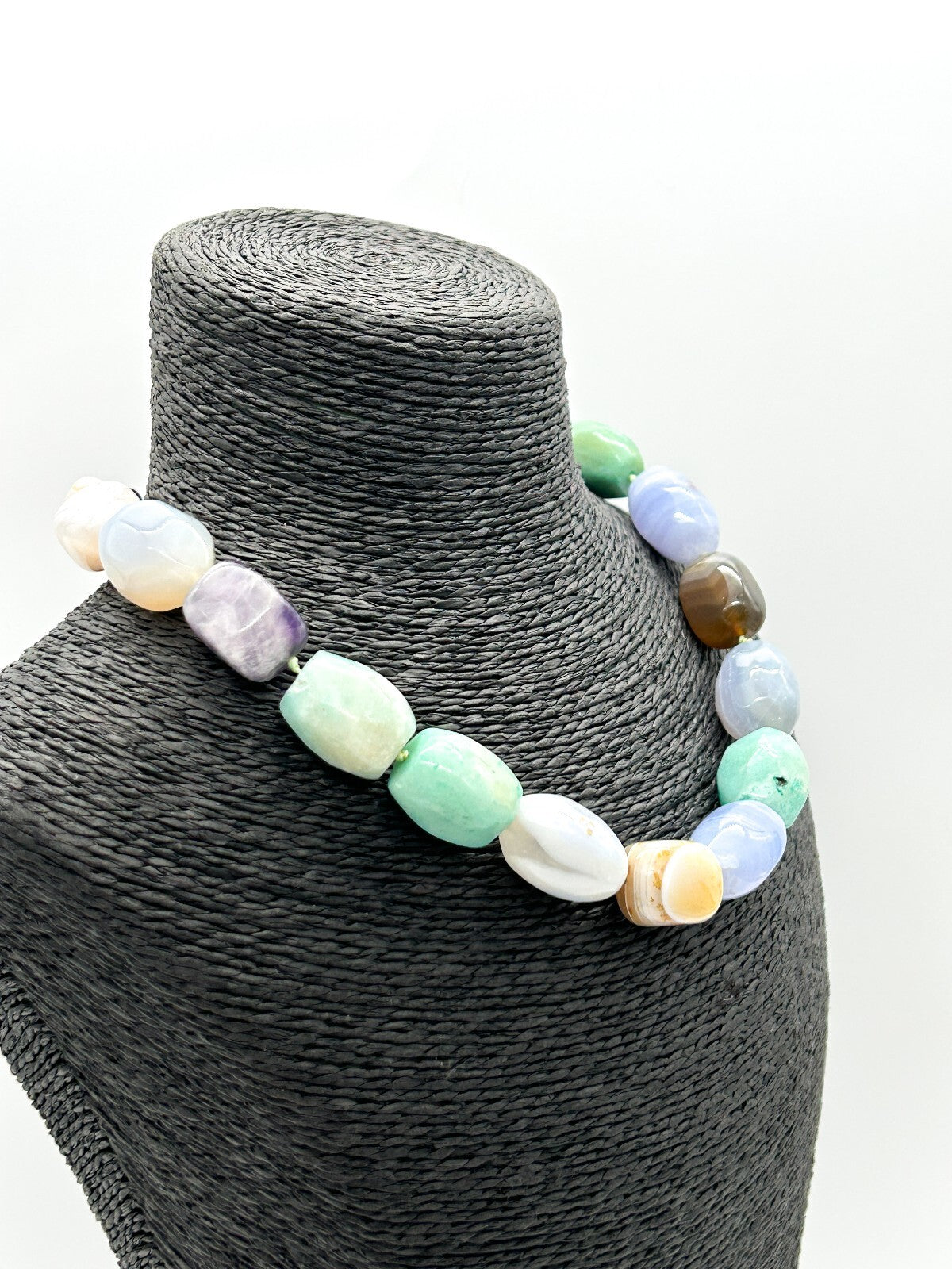 Chunky Semi Precious Gemstone Necklace Banded Agate Blue Lace Amethyst Calcite