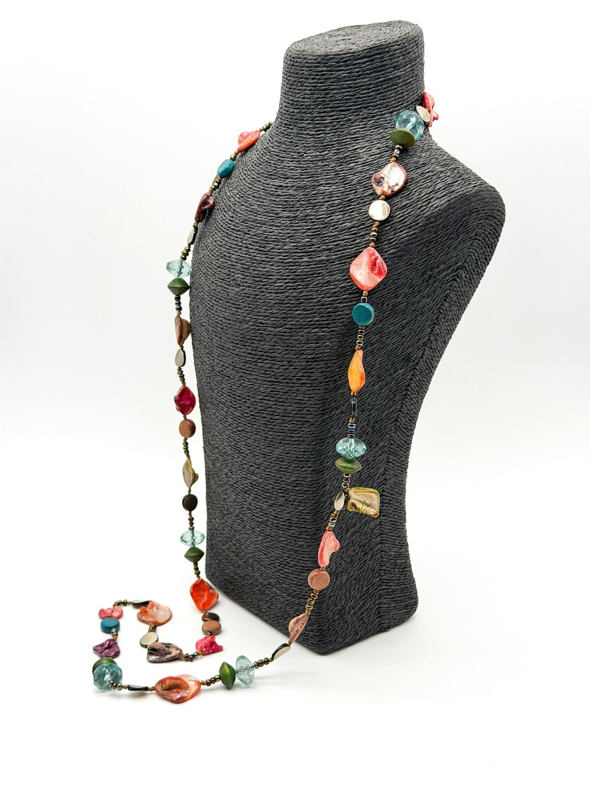 Boho Long Hand Knotted Shell Wood Acrylic Bead Statement Necklace Multicolour