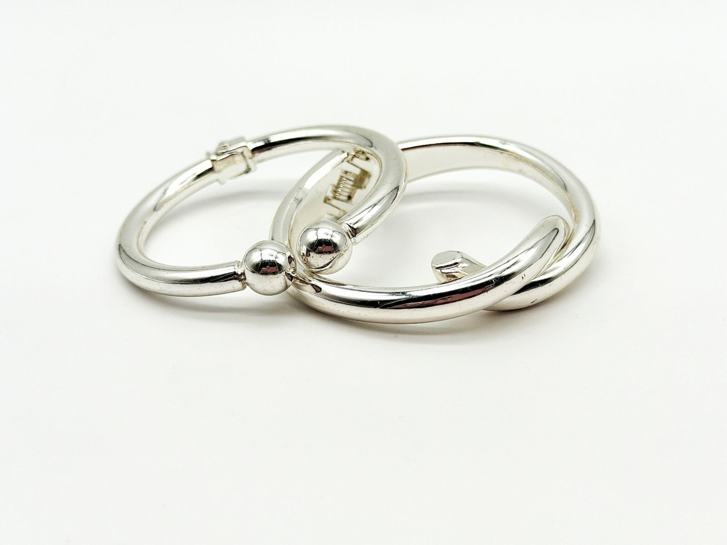 Silver Tone Hinged Bangle Bracelet Bundle Modern Torque and Knot Design x2