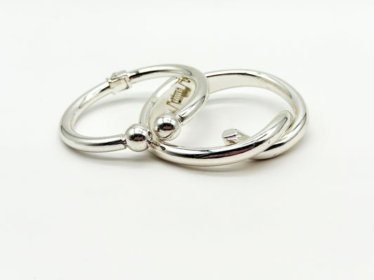 Silver Tone Hinged Bangle Bracelet Bundle Modern Torque and Knot Design x2