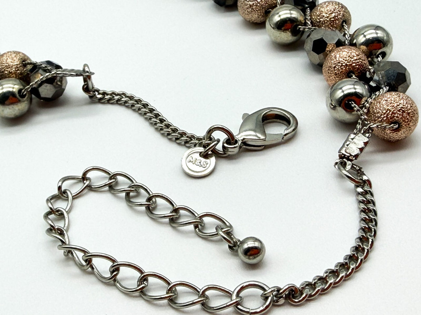 M&S Double Row Necklace Silver Rose Gold Tone Smoky Faceted Glass Beads 17”