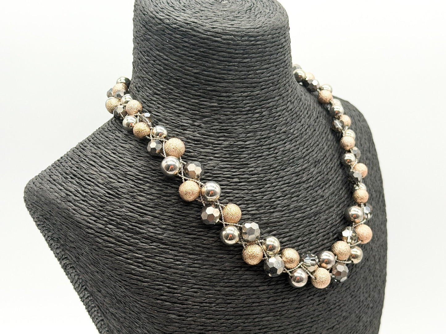 M&S Double Row Necklace Silver Rose Gold Tone Smoky Faceted Glass Beads 17”
