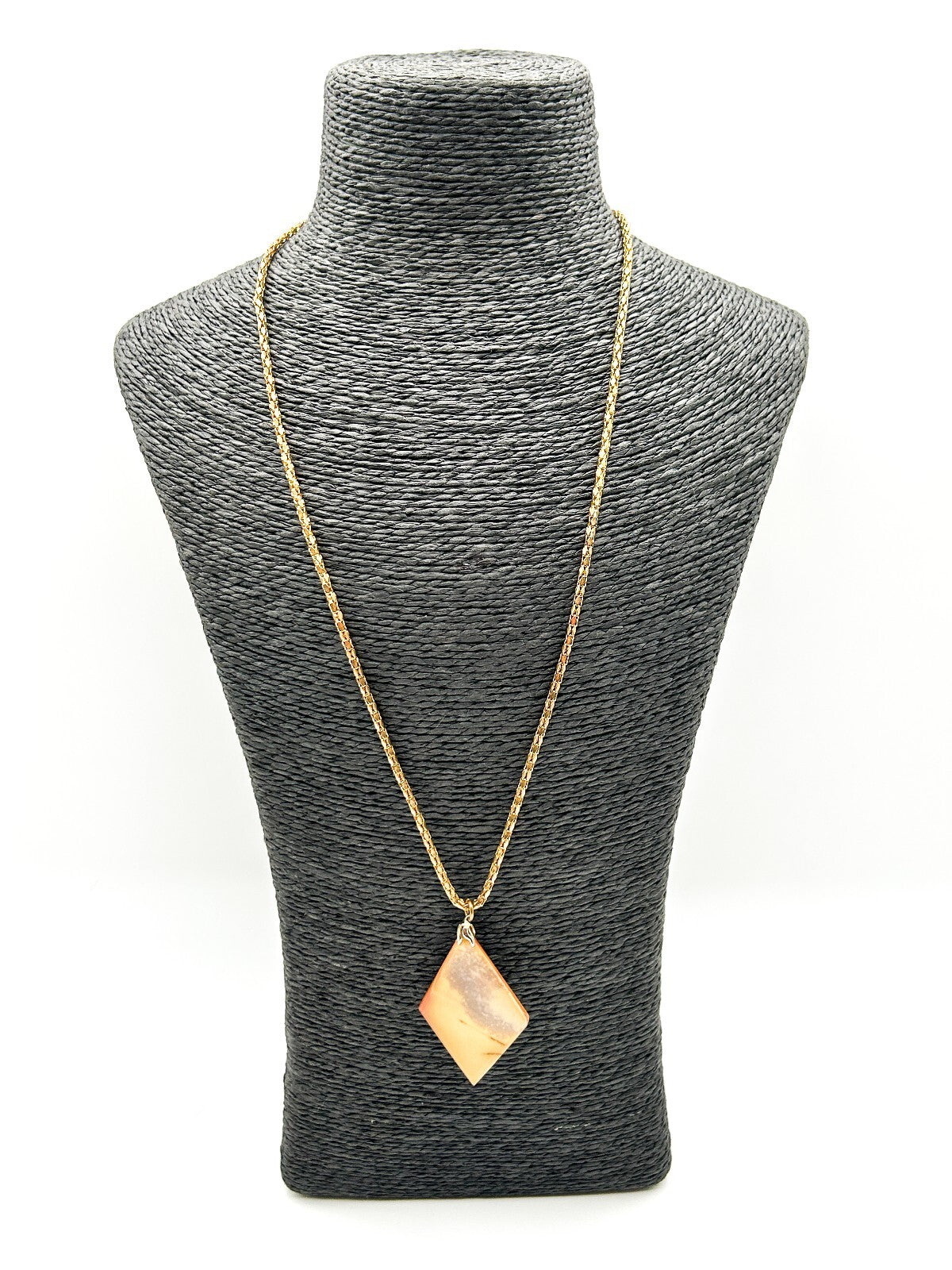 Vintage Polished Jasper Pendant Necklace Gold Tone Chain Natural Stone 25”