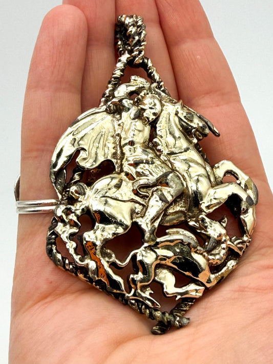 Vintage Jewelcraft St George and Dragon Pendant Gold Tone Signed 8.5cm Signed