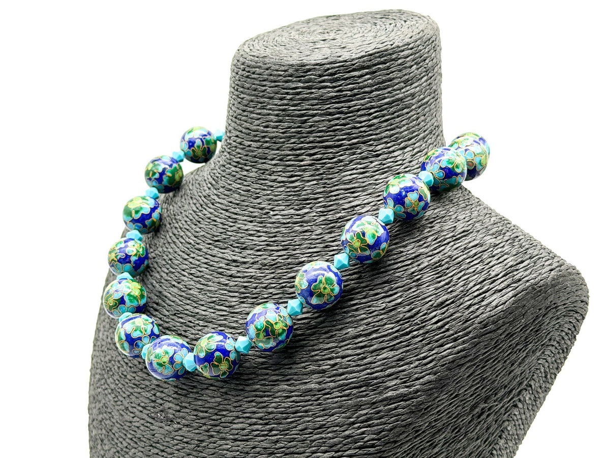 Cloisonné Enamel Bead Necklace Blue Green Floral Artisan Toggle Statement