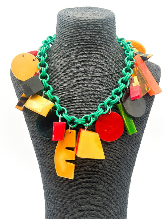 Vintage Bakelite Charm Necklace Attrib. Jan Carlin Celluloid Chain Statement