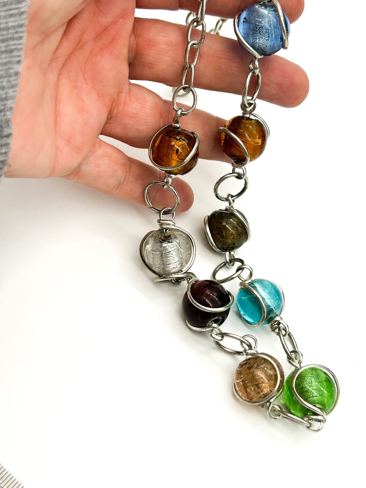 Vintage Multicolour Foil Art Glass Necklace Silver Tone Wrapped Beads Statement