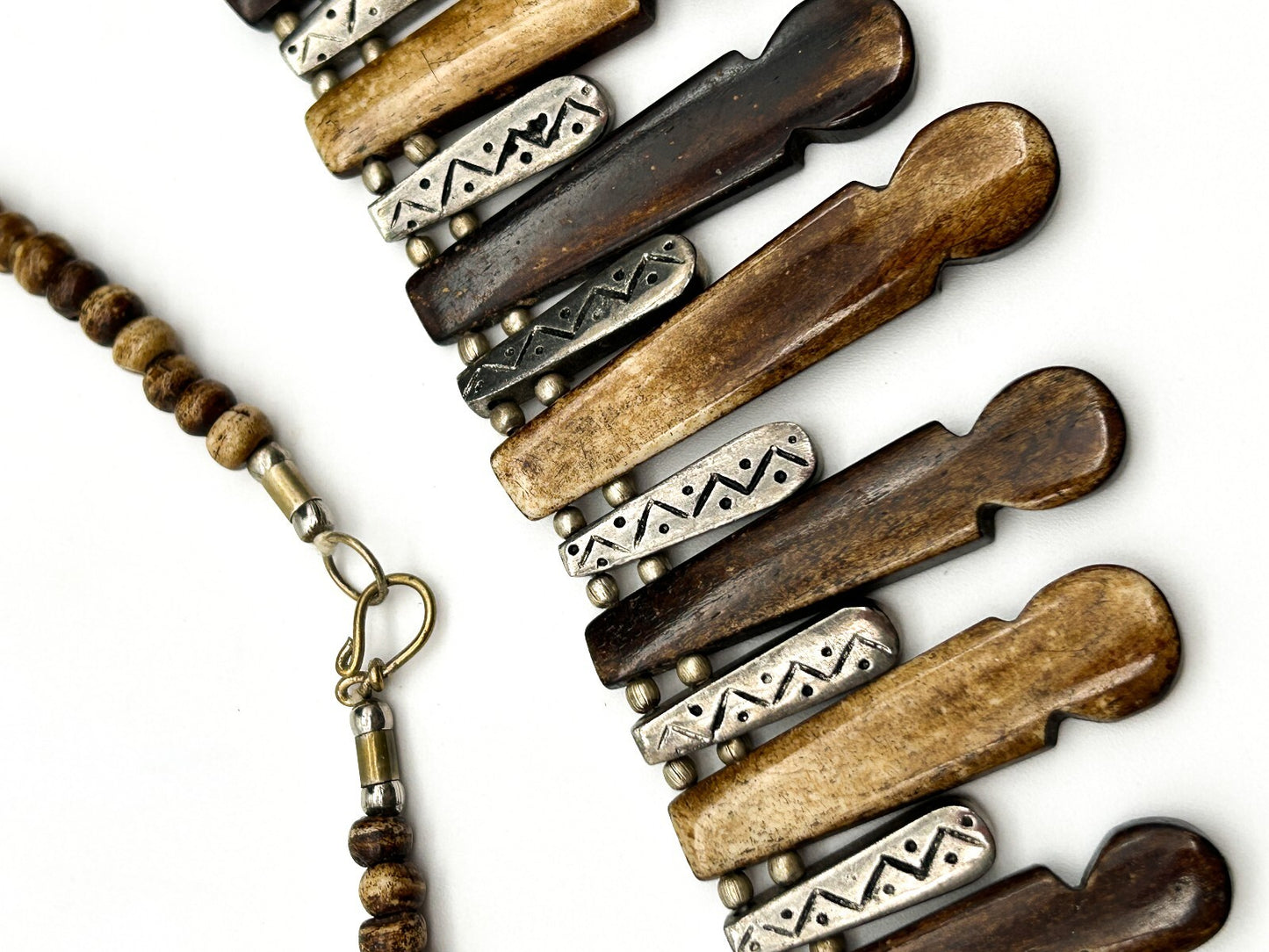 Vintage Boho Fringe Necklace Carved Organic Material Silver Tone Tribal Bib