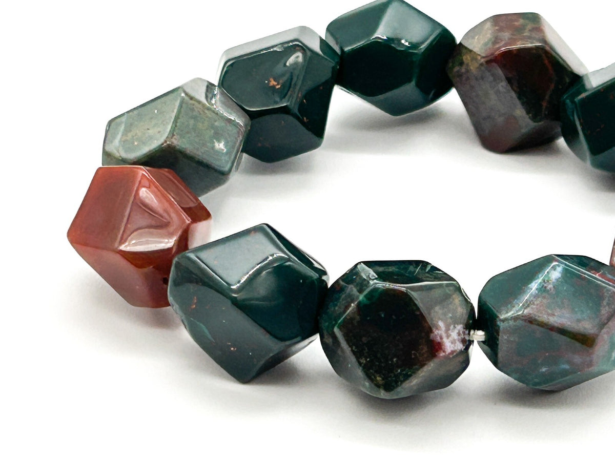 Chunky Bloodstone Jasper Stretch Bracelet Faceted Cube Gemstone Bracelet