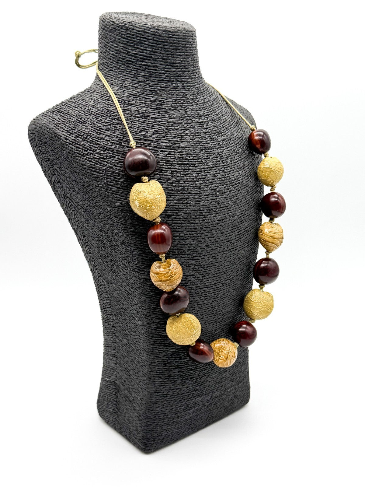 Kukui Nut Statement Necklace Brown Yellow Hand Knotted Adjustable Natural