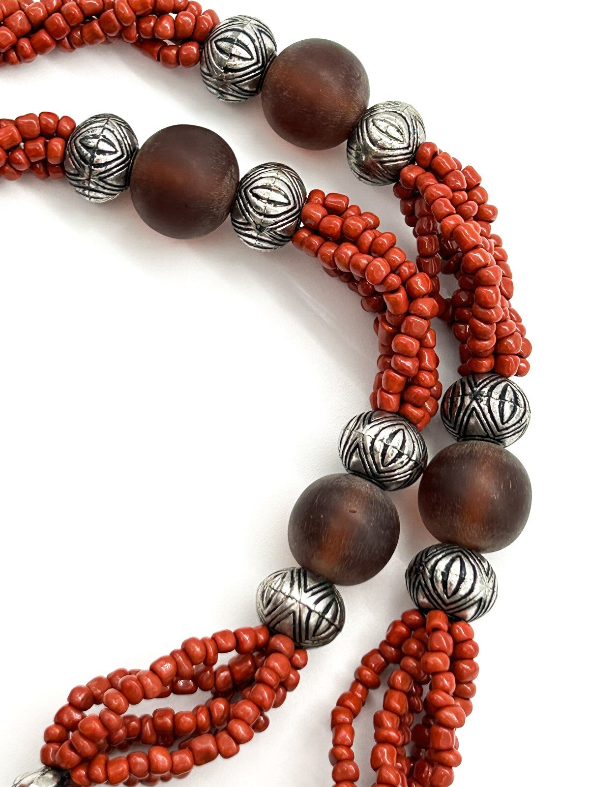 Vintage Tiger’s Eye Amber 6 Strand Tassel Necklace Red Glass Boho Statement