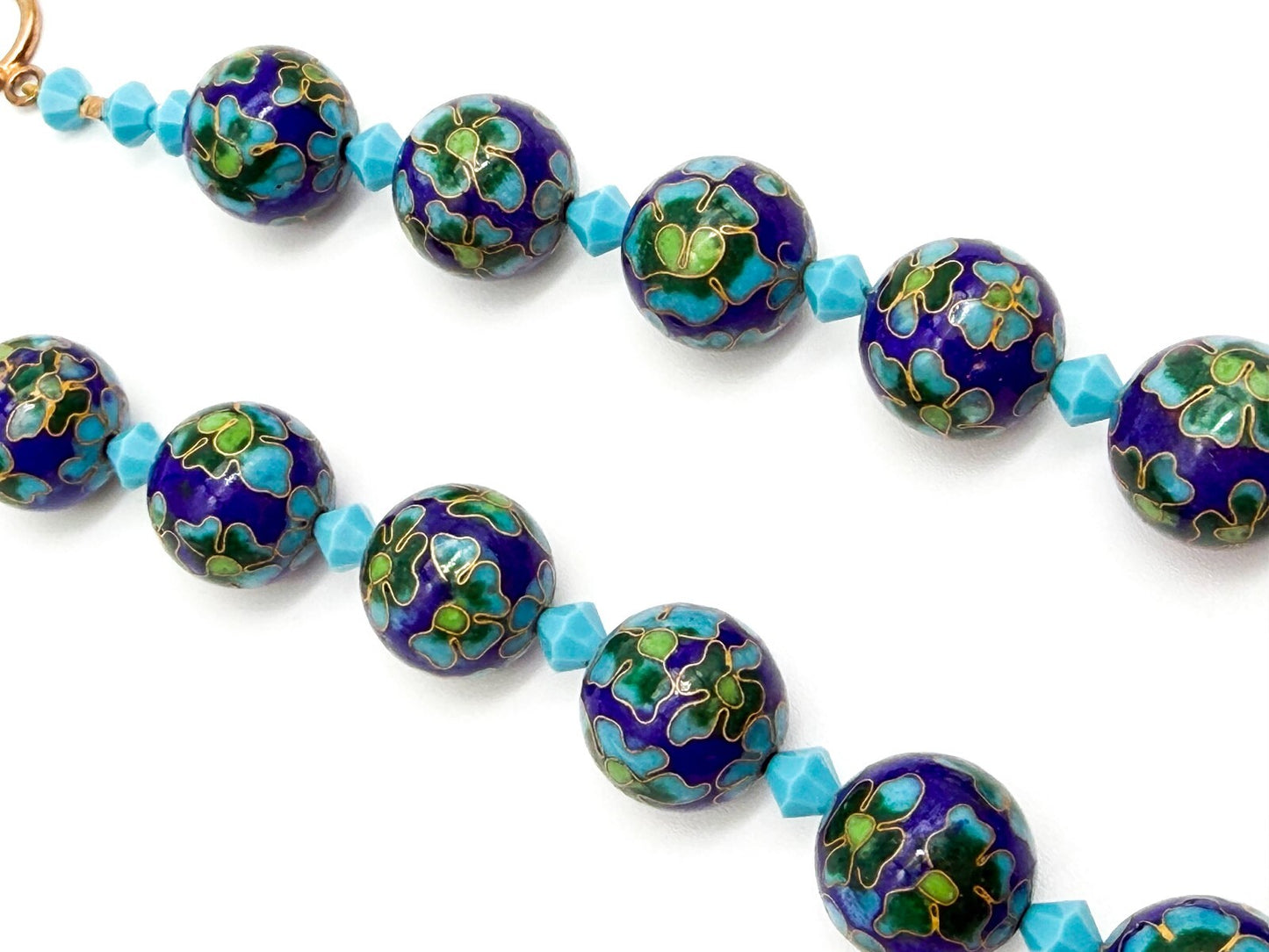 Cloisonné Enamel Bead Necklace Blue Green Floral Artisan Toggle Statement