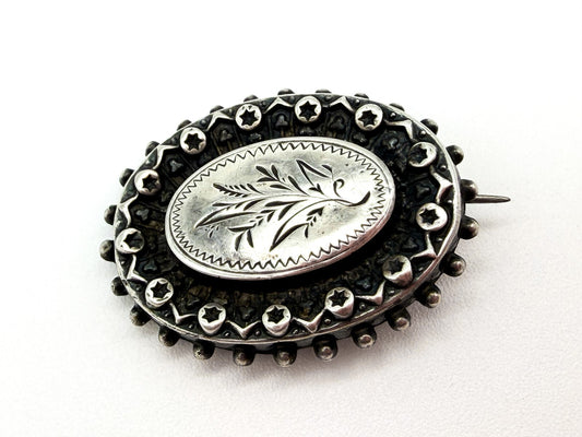 Antique Victorian Silver Tone Floral Engraved Oval Brooch Hinged Pin C Clasp