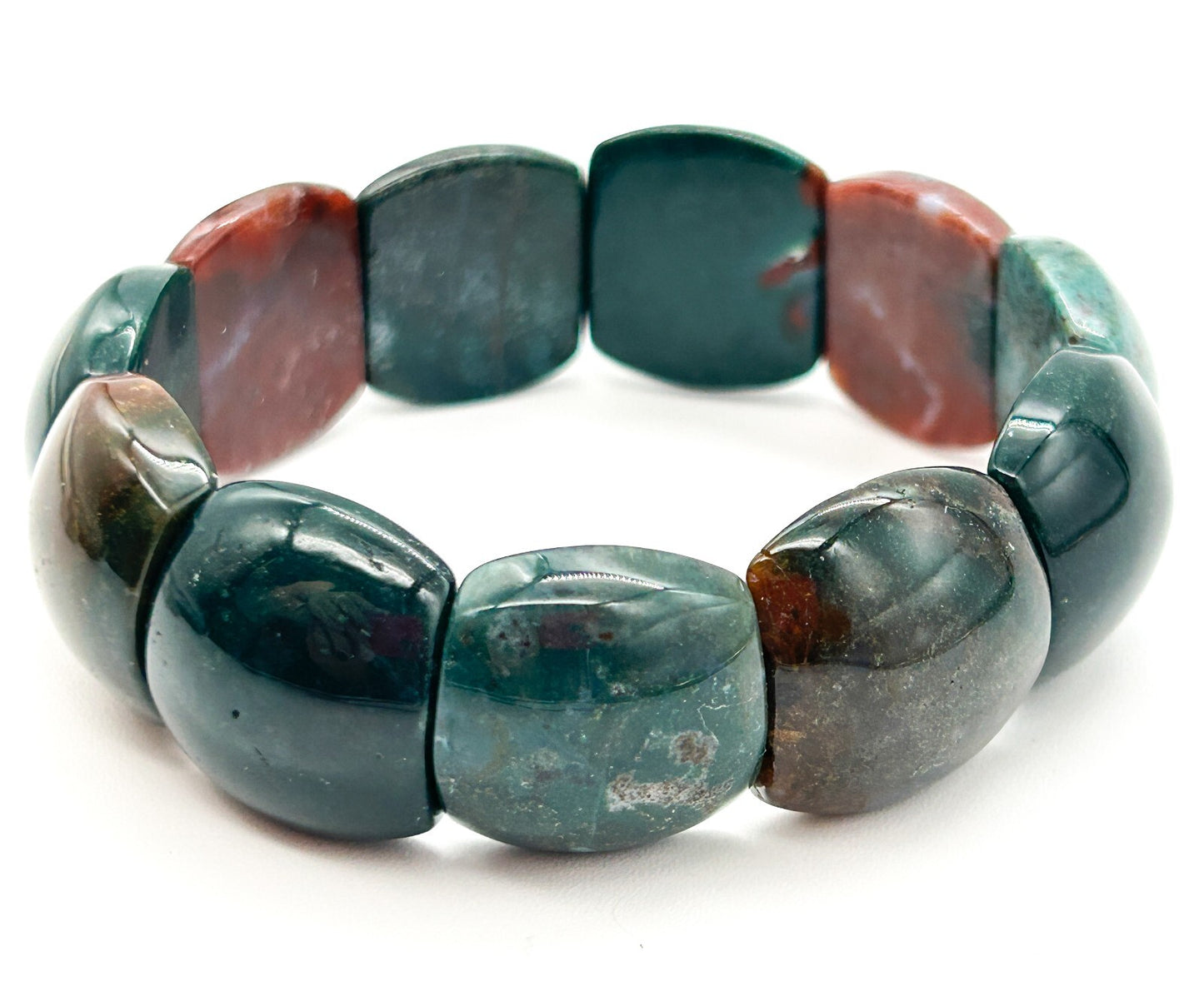 Chunky Bloodstone Jasper Stretch Bracelet Green Red Gemstone Elastic Bracelet