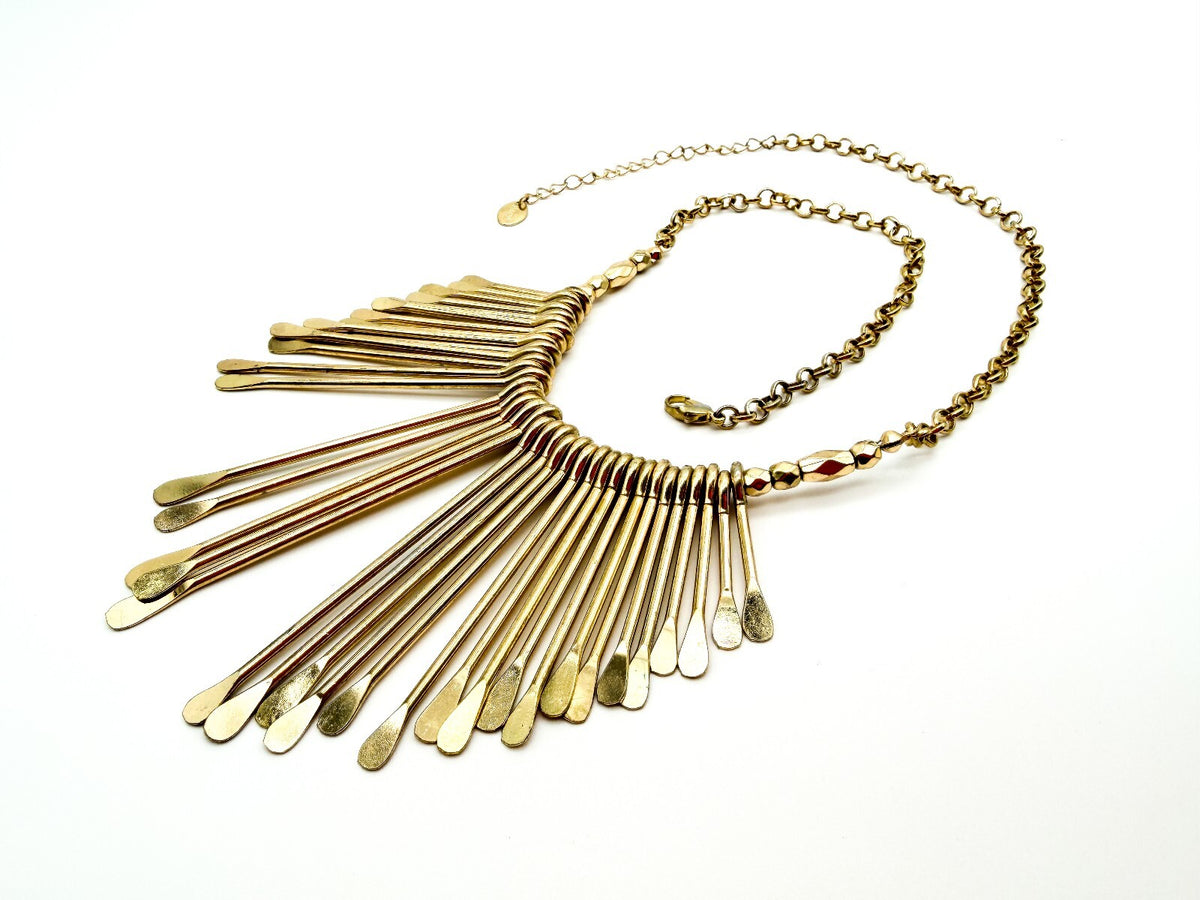 Gold Tone Fringe Statement Necklace Boho Bib Festival Rolo Chain