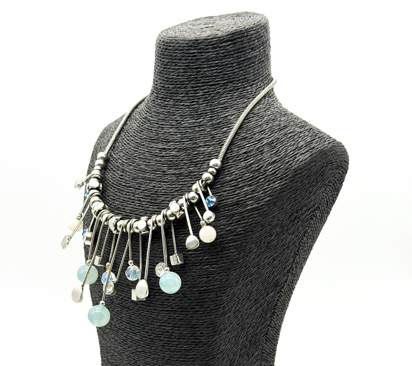 Atomic Statement Necklace Silver Tone Blue Rhinestone Opalite Fringe Modernist