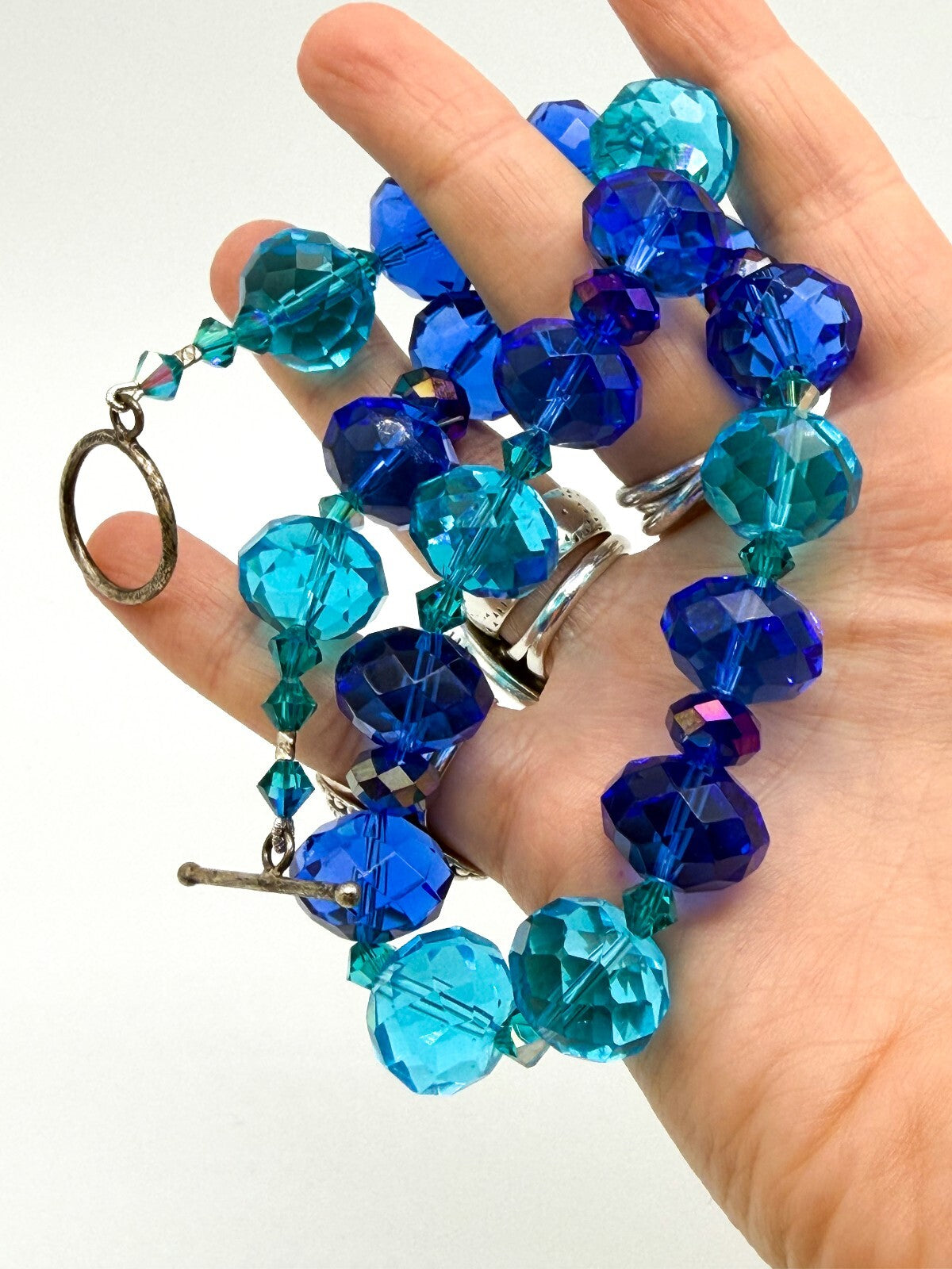Chunky Cobalt Blue Turquoise Faceted Glass Statement Necklace Toggle 17.5”