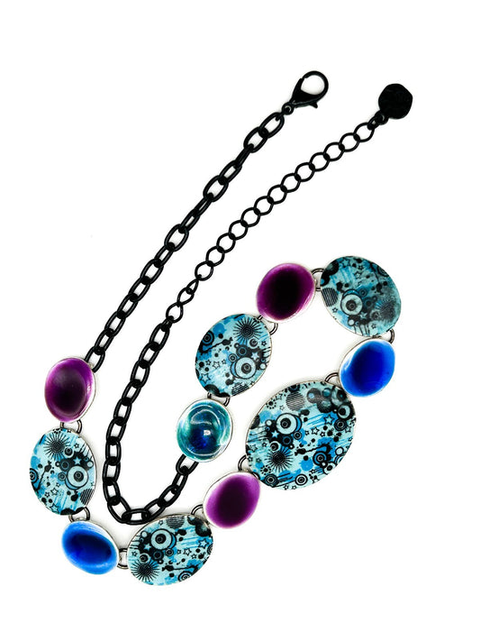 Ikita Statement Necklace Blue Purple Enamel Disc Necklace Articulated Adjustable