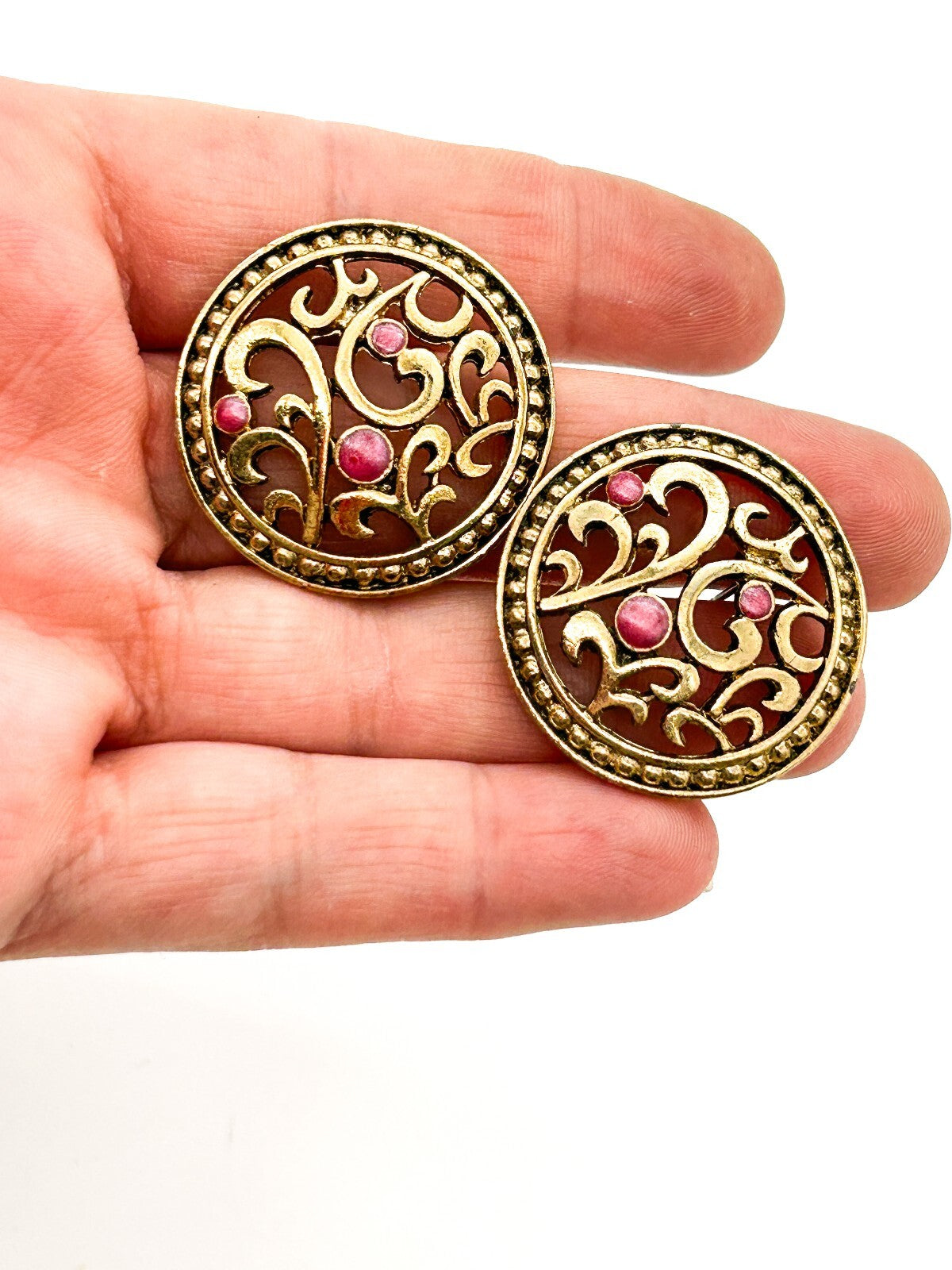 Vintage Gold Tone Filigree Stud Earrings & Pastel Enamel Clip On Earrings Pair