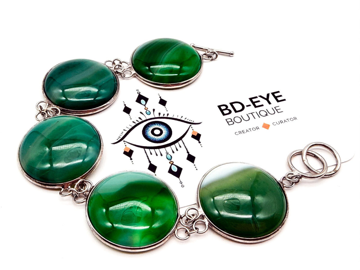 925 Sterling Silver Plated Green Agate Link Bracelet Open Bezel Gemstone Toggle