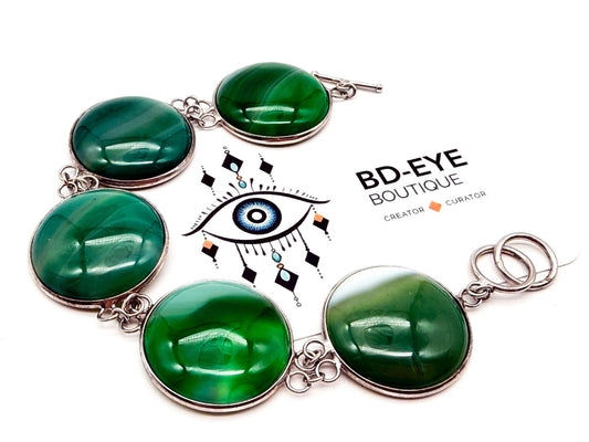 925 Sterling Silver Plated Green Agate Link Bracelet Open Bezel Gemstone Toggle