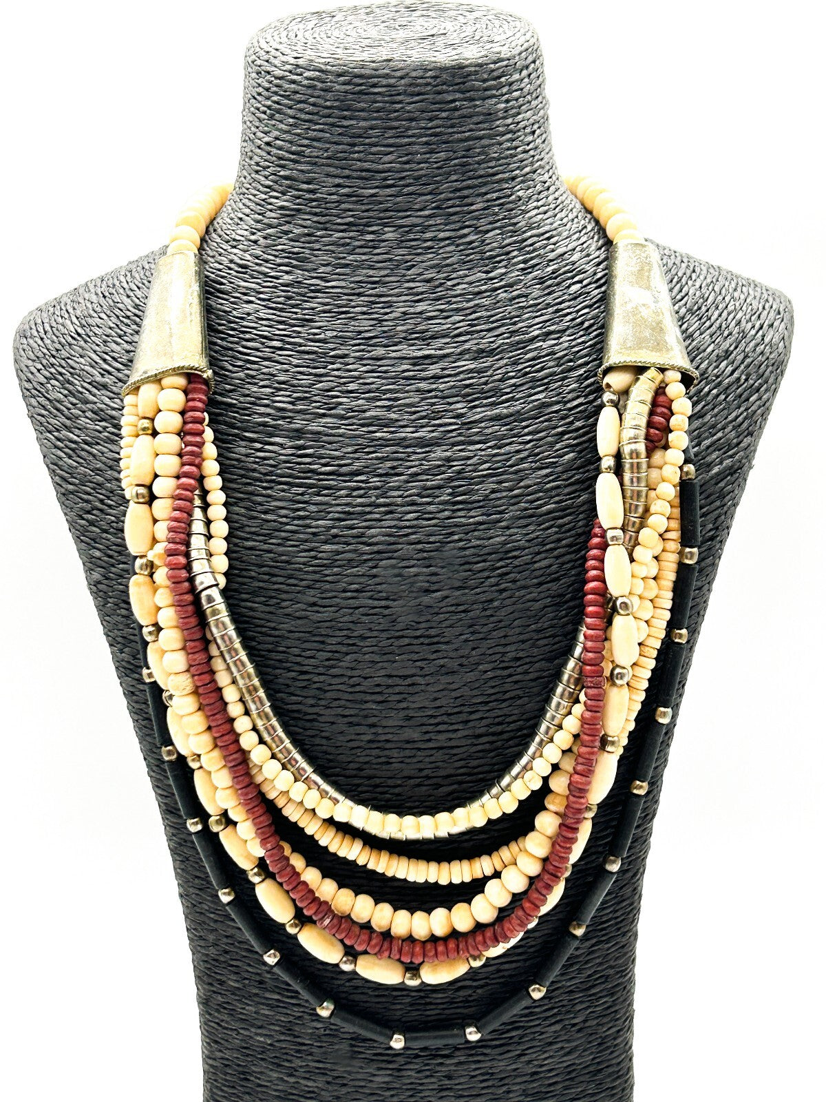 Vintage 7 Strand Organic Bead Necklace Black Cream Red Boho Statement