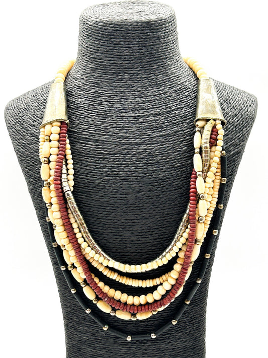 Vintage 7 Strand Organic Bead Necklace Black Cream Red Boho Statement