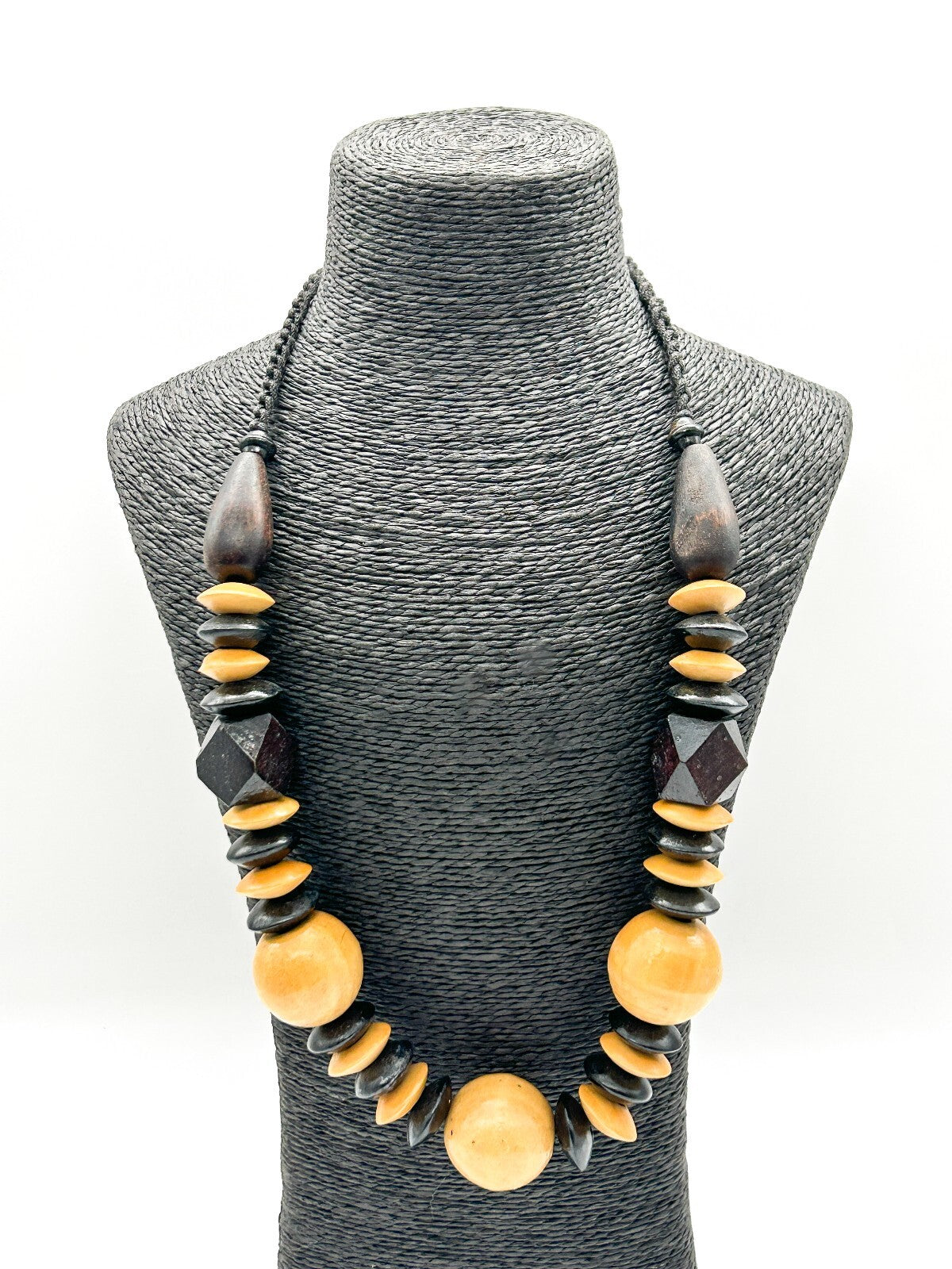Vintage Black Beige Wooden Bead Necklace Long Chunky Bohemian Statement Retro