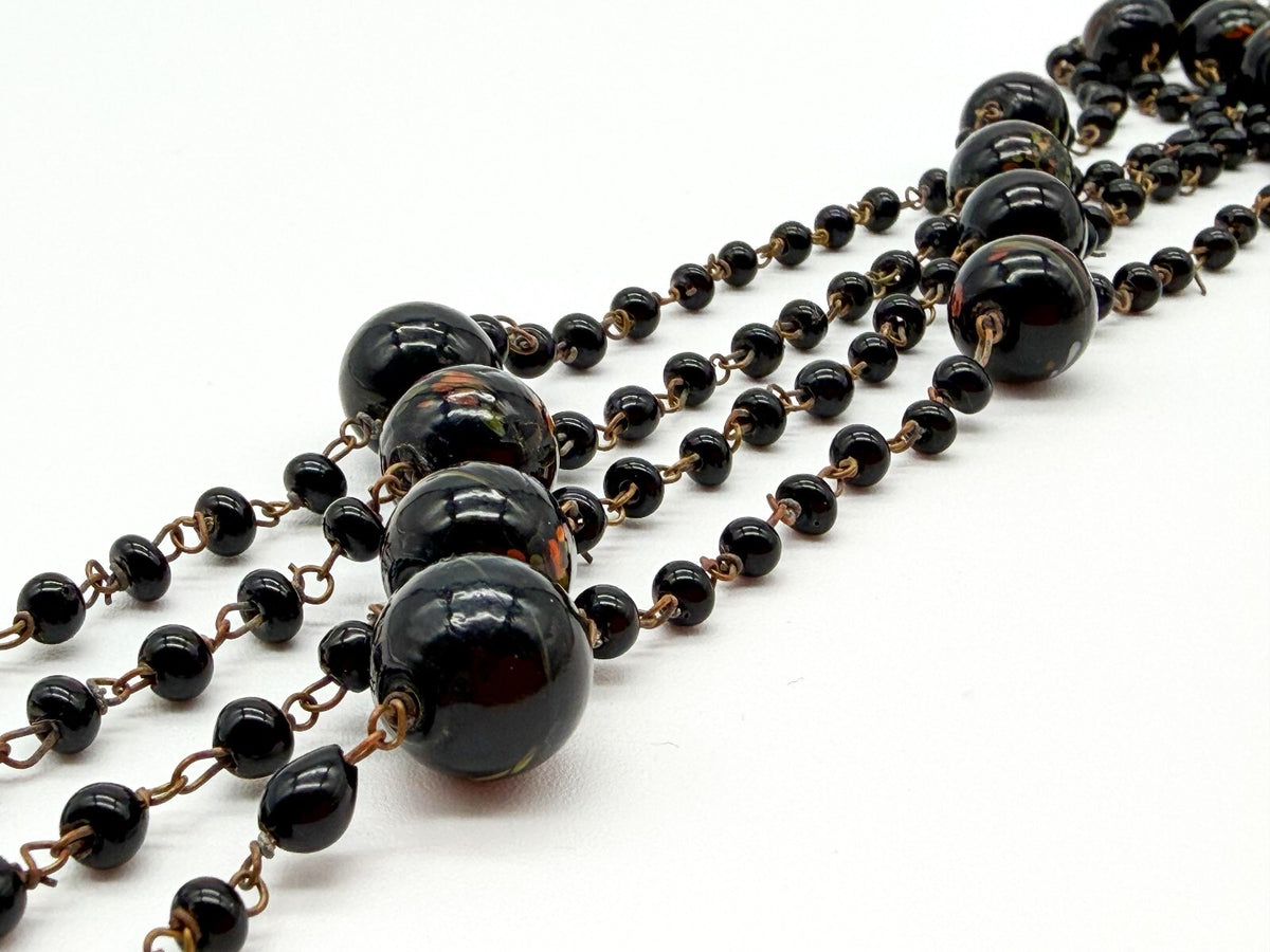 Vintage Murano Art Glass Flapper Necklace Black Orange Green Swirl Beads 26.5”
