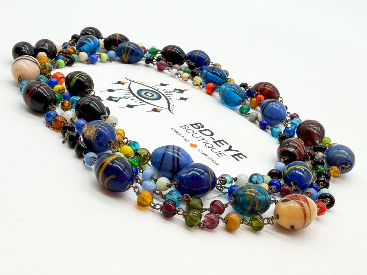 Vintage Murano Glass Necklace Italian Art Glass Flapper Blue Lampwork 26.5”