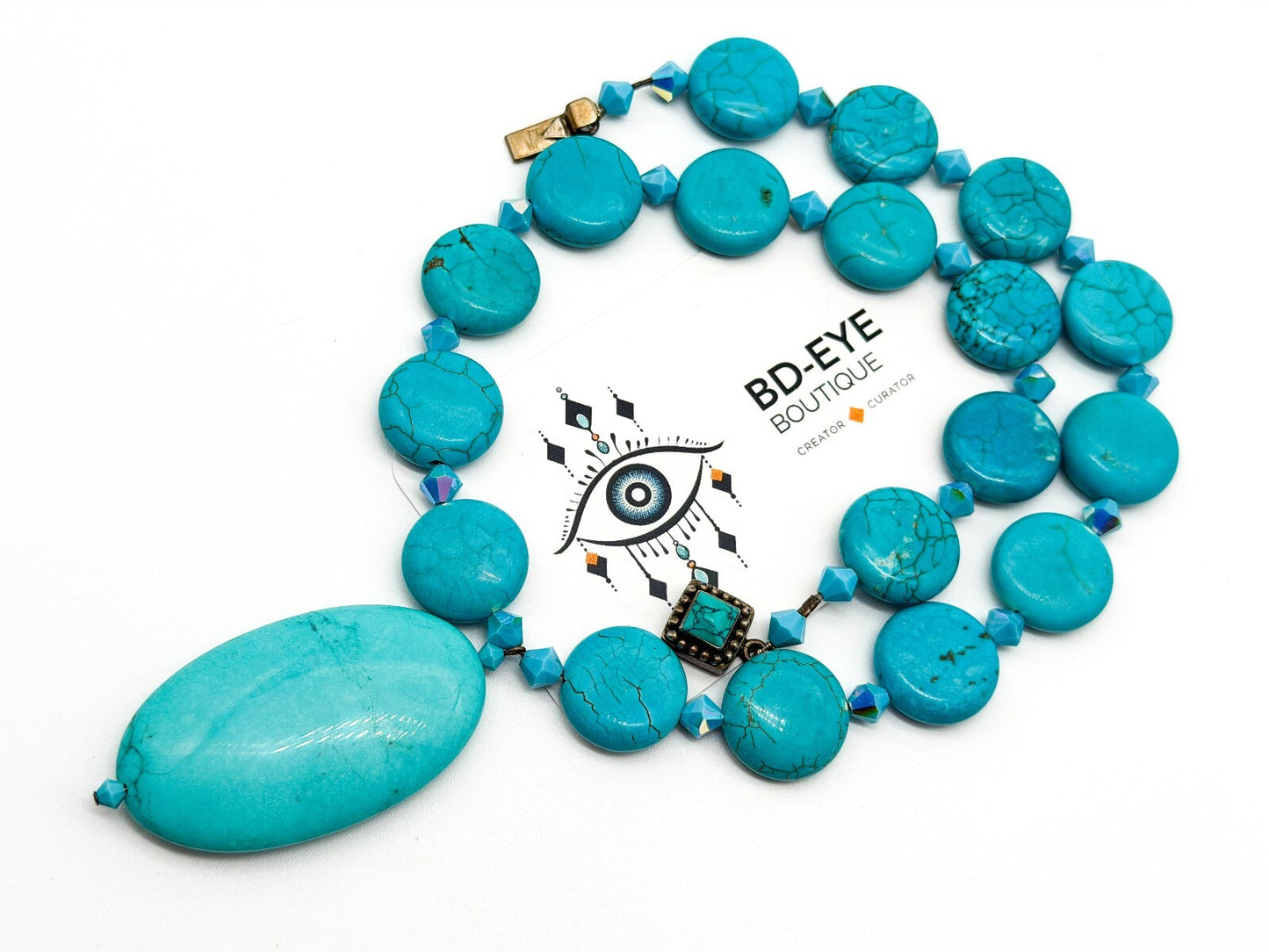 Turquoise Blue Magnesite Pendant Necklace AB Crystal Sterling Silver Box Clasp