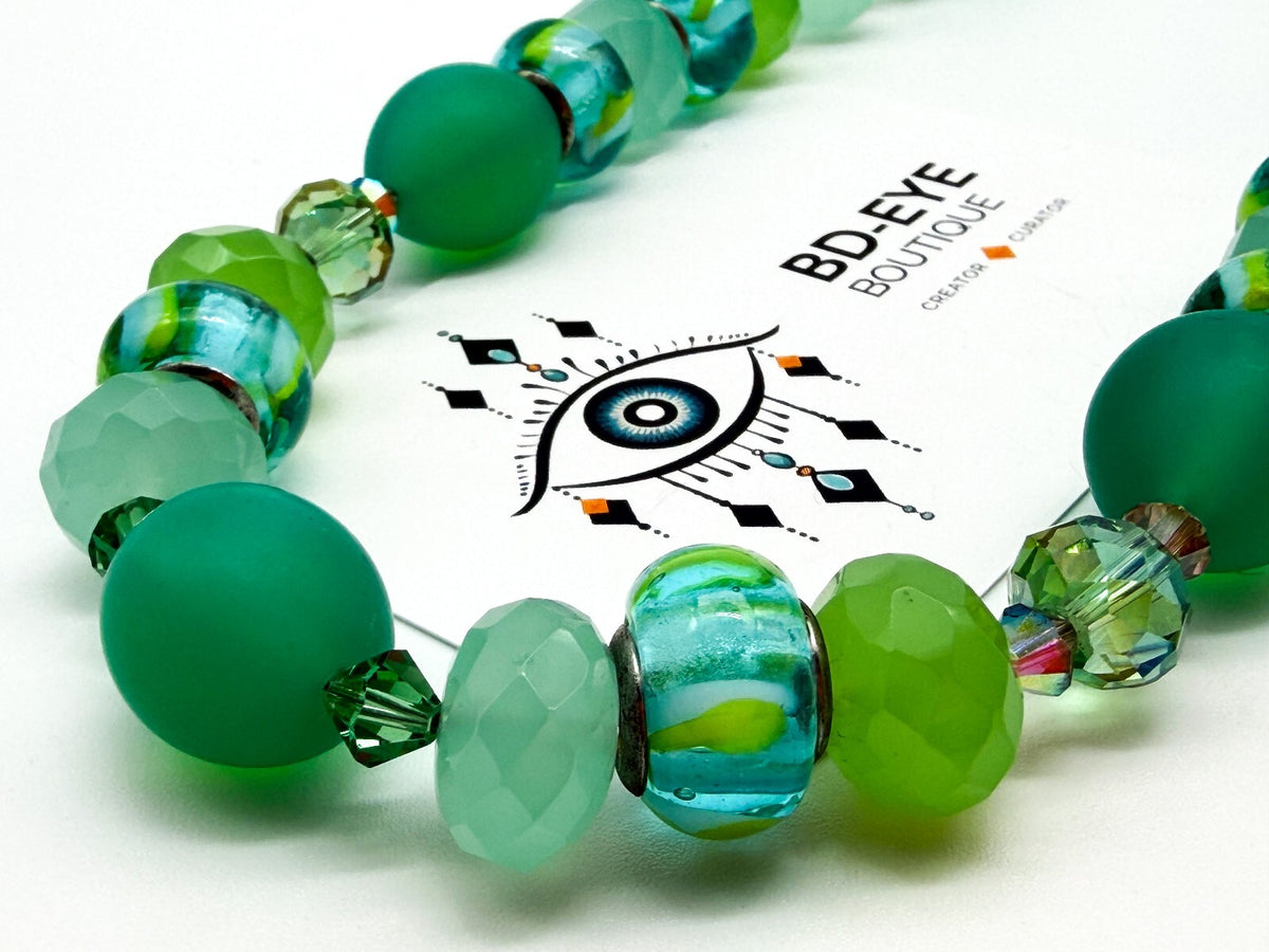 Frosted Green Glass Necklace Earrings Set Lampwork Beads Toggle Clasp Statement