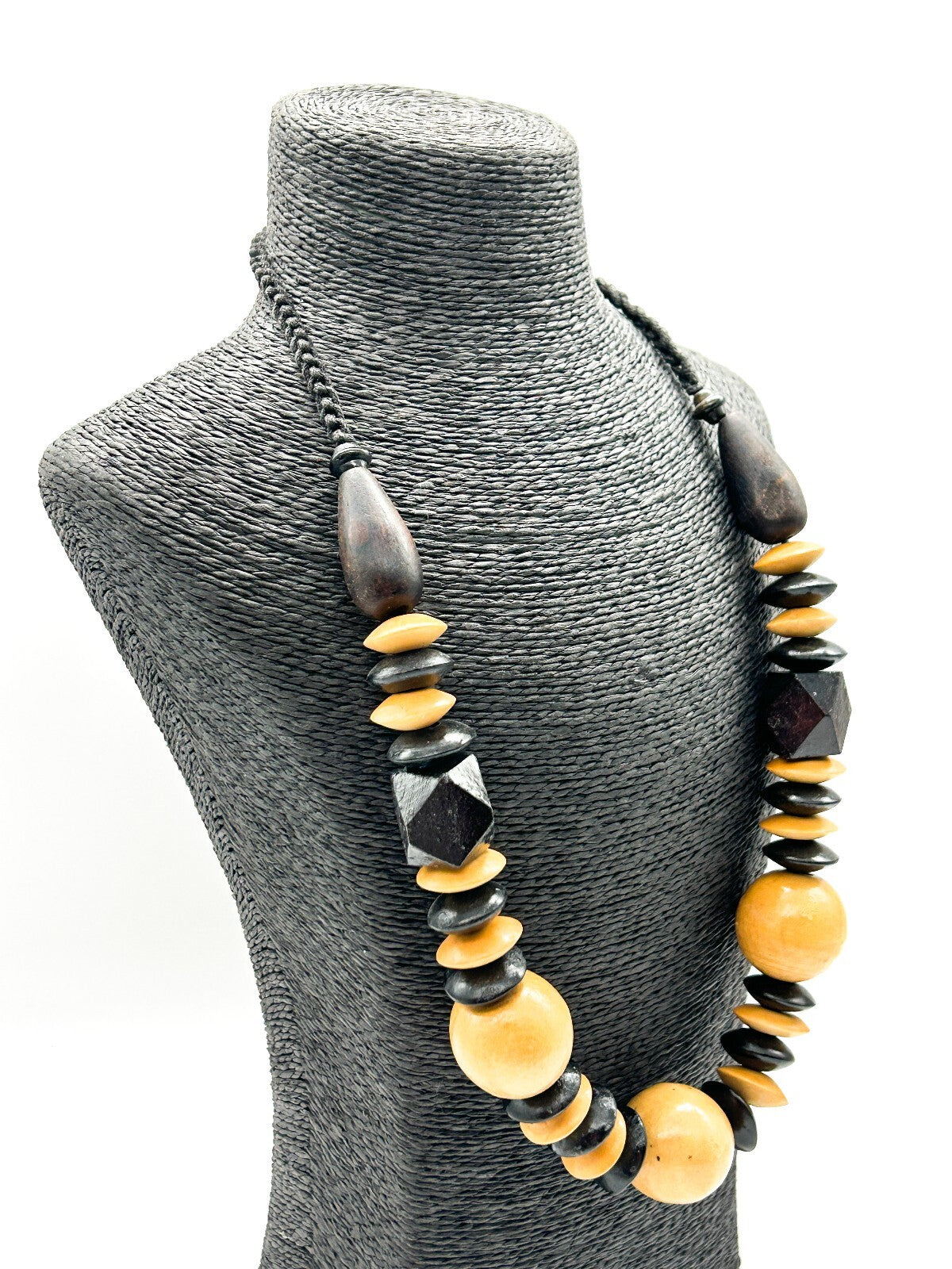 Vintage Black Beige Wooden Bead Necklace Long Chunky Bohemian Statement Retro