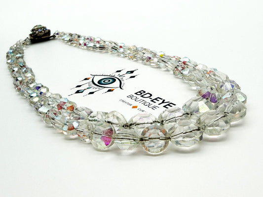 Vintage Aurora Borealis Crystal Glass Double Strand Necklace Rhinestone Clasp