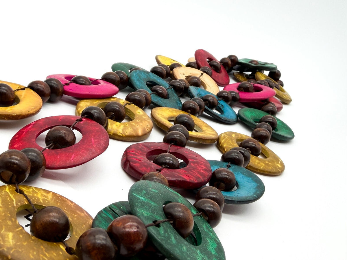 Colourful Dyed Coconut Shell & Wood Bead Necklace Boho 28” Long Festival