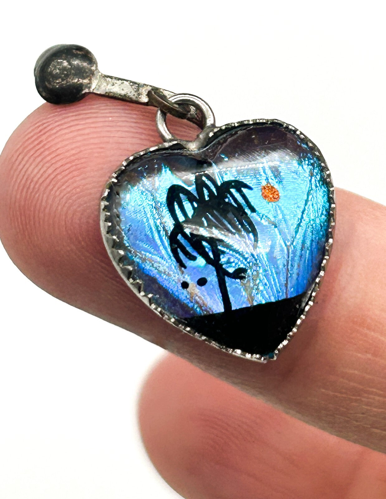 Vintage Sterling Silver Morpho Butterfly Wing Heart Screw Back Earrings Tropical