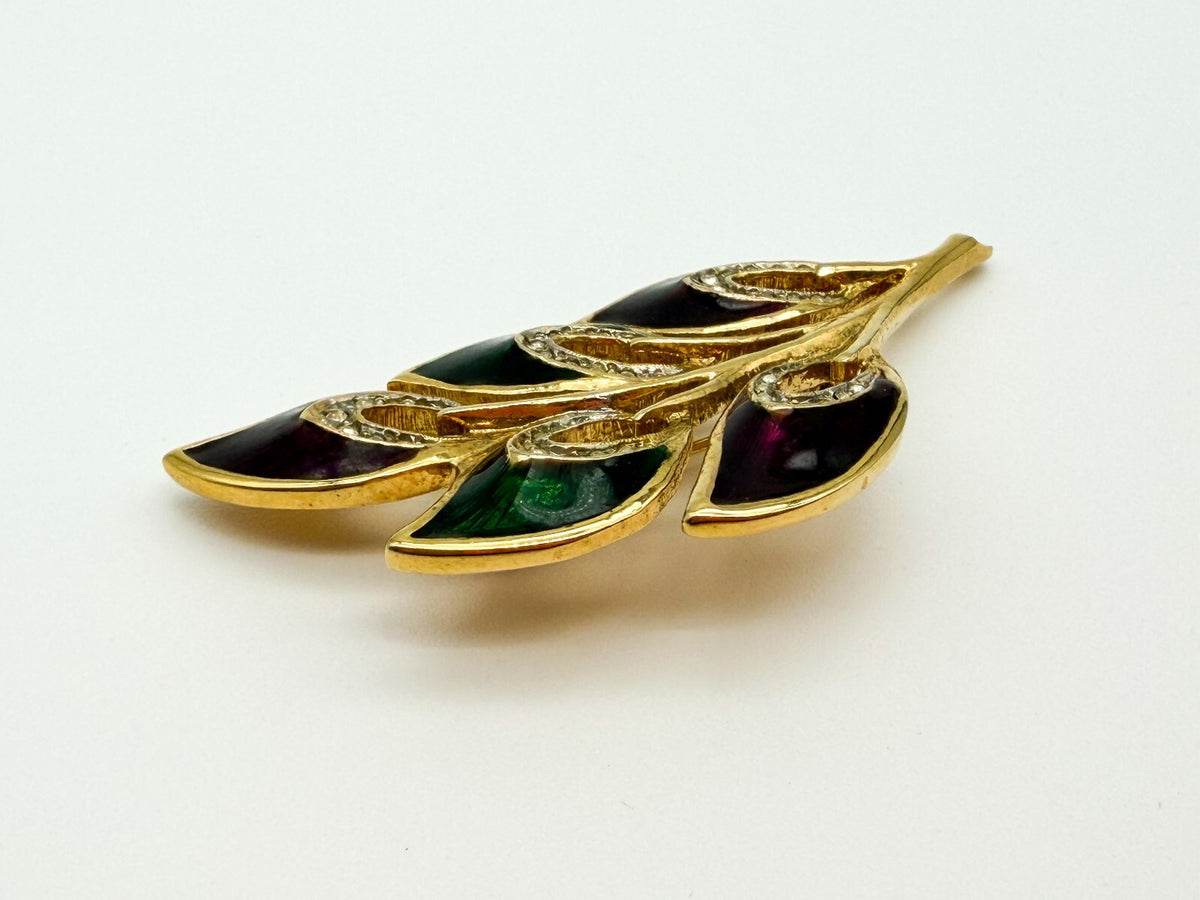 Gold Tone Purple Green Enamel Floral Spray Brooch Rhinestone Leaf Pin