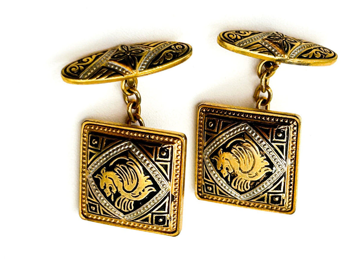 Vintage Toledo Damascene Dragon Cufflinks Gold Plated Spanish Cuff Links