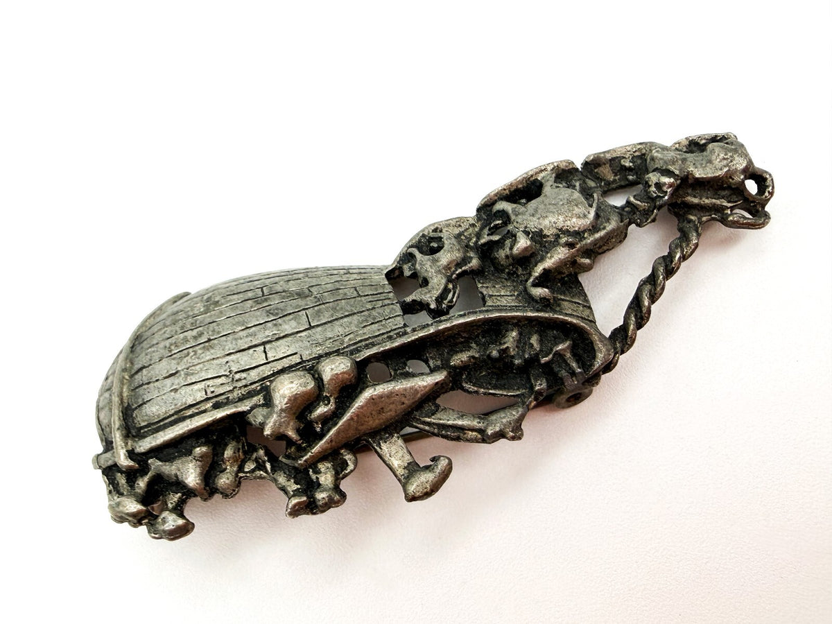Vintage Pewter Noah’s Ark Brooch Animal Biblical Religious Pin 7cm