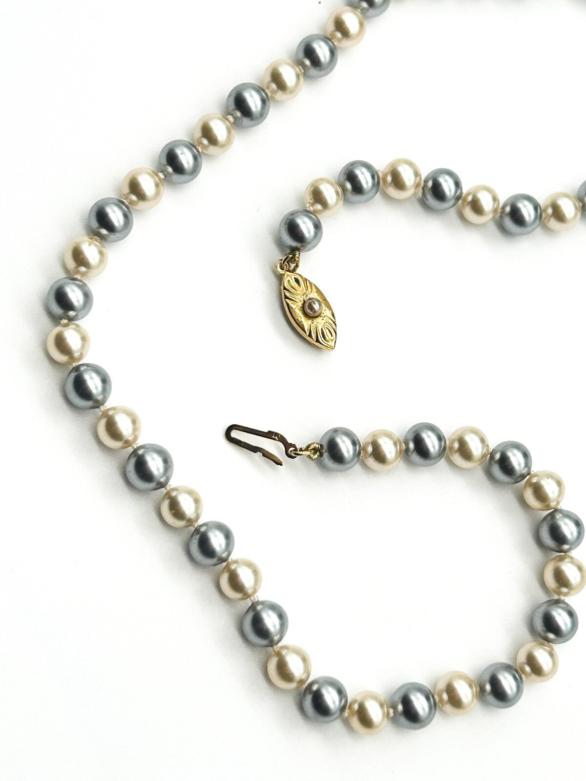 Vintage Grey Cream Glass Faux Pearl Necklace Hand Knotted Rhinestone Hook Clasp